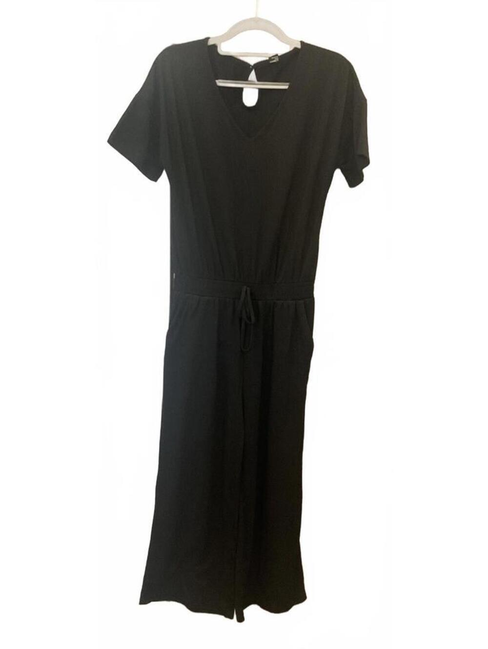 Anrabess Womens Black Short Sleeve Elastic Waist Pants Jumper Size Small